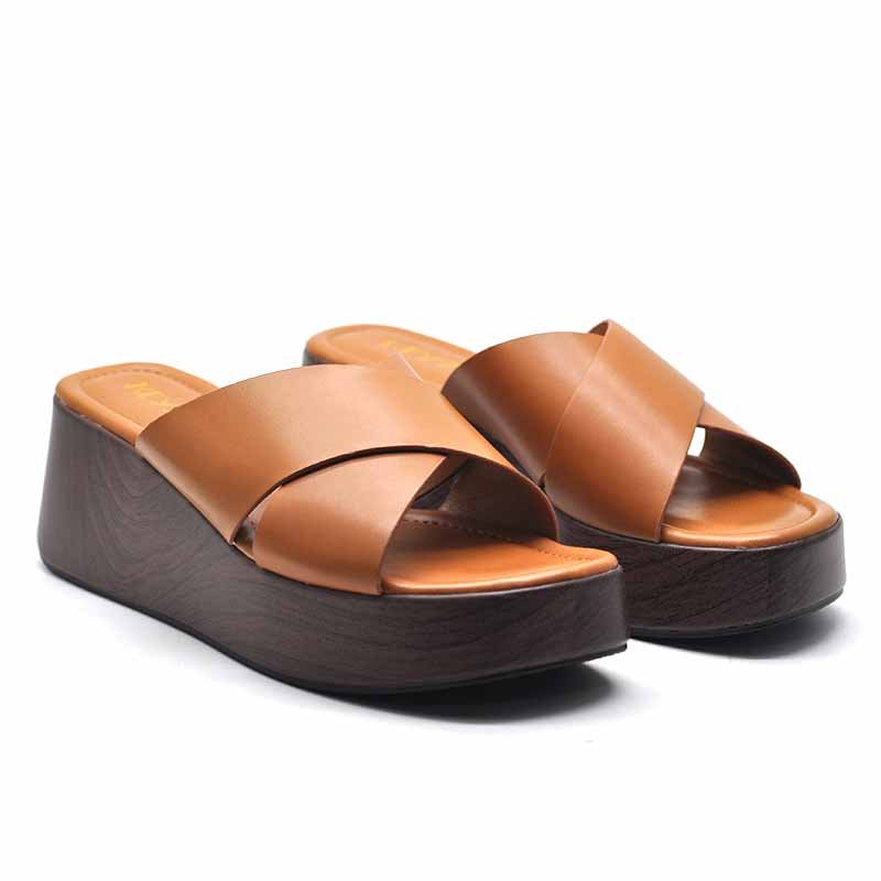 MULES COMPENSÉES À BRIDES CROISÉES – CAMEL